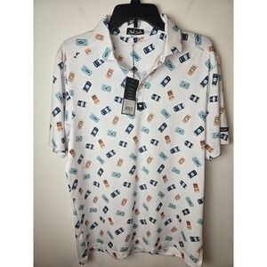 Bad Birdie Mens Core Polo Crushable‎ White Beer Can Print Golf Shirt L